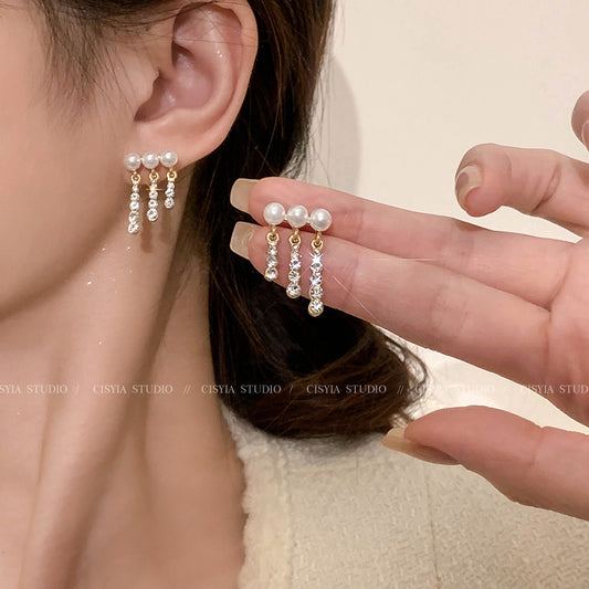 Pearl tassel earrings light luxury niche design 2024
